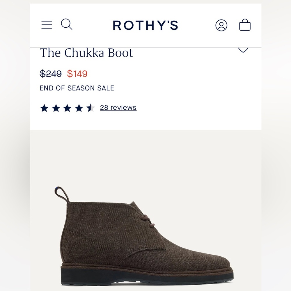 Rothy’s Men’s Size 10 Chukka Boot, Brown, NWT